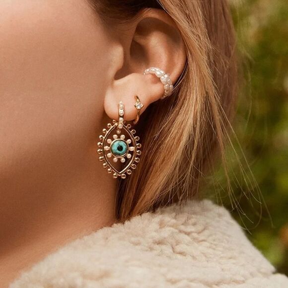 Pearl Embellished Evil Eye Drop Earrings - Picture 2 of 3